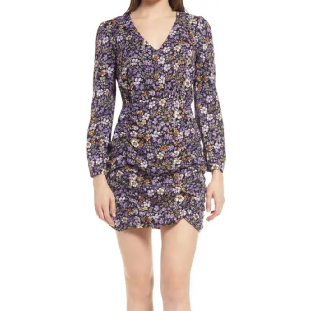 Vero Moda v-neck long sleeve black and purple floral ruched dress nwt small